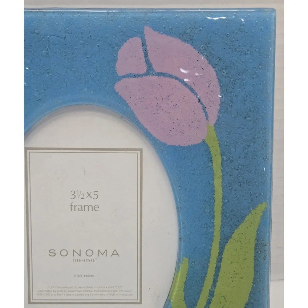 Vintage Sonoma Lifestyle Blue Fused Glass Tulip Picture‎ Frame - 3.5